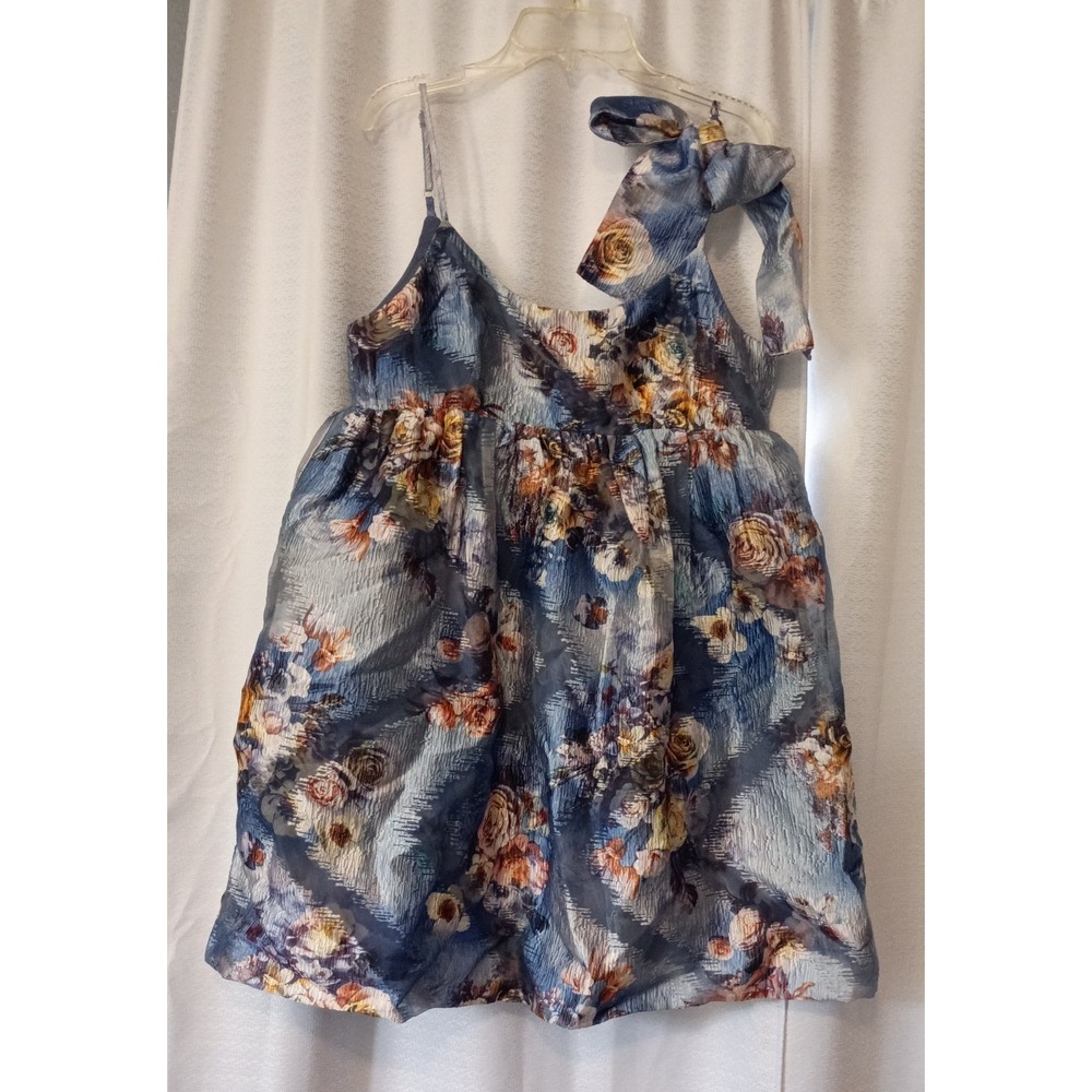 Storia Womens Floral Metallic Babydoll Mini Dress Blue Size Medium Bow Strap NWT